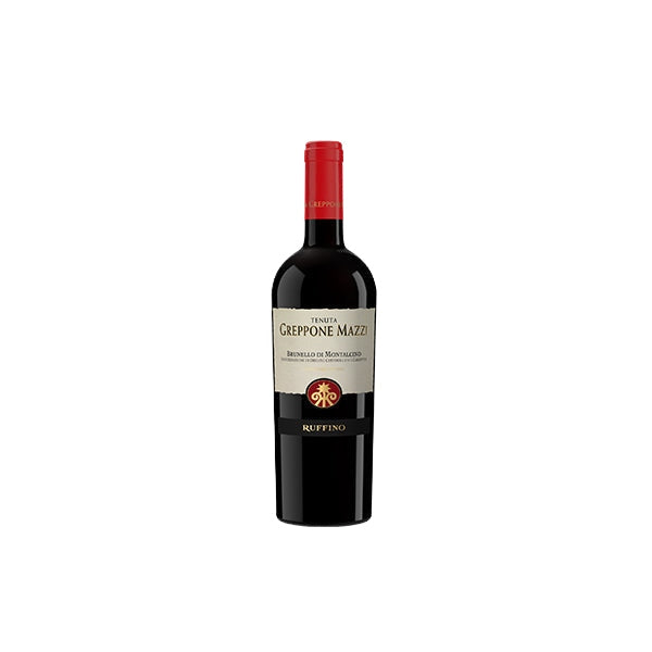 750ml Ruffino Greppone Mazzi Brunello di Montalcino DOCG bottle with dark glass, red foil, and cream label showing gold
