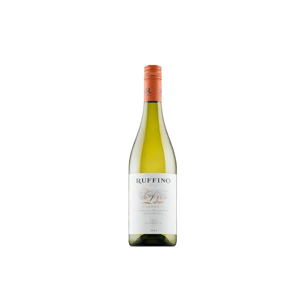 750ml Ruffino Libaio Chardonnay bottle with pale straw liquid, orange screw cap, and white label showing 2014 vintage on