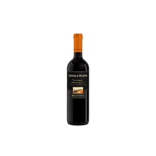750ml Ruffino Vino Nobile di Montepulciano bottle with dark glass, orange foil, and black gold label. Consume responsibly.