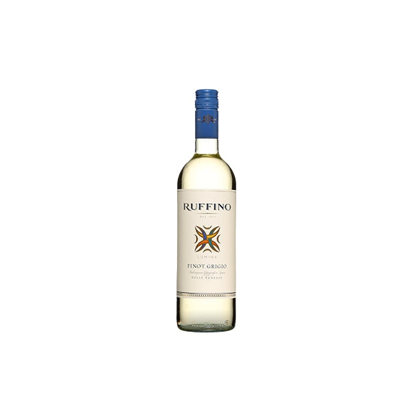 750ml Ruffino Lumina Pinot Grigio bottle with pale straw liquid, blue screw cap, and cream label showing Veneto origin