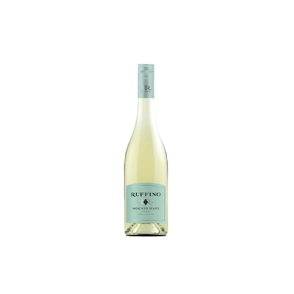 750ml Ruffino Moscato D'Asti bottle with pale straw wine, mint green foil and label, silver logo, red diamond emblem, 6% ABV
