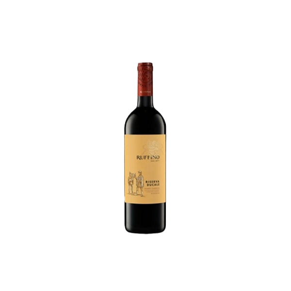750ml dark glass Ruffino Riserva Ducale Chianti Classico bottle with gold label and red foil on white background. Government
