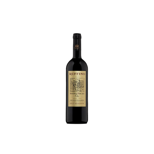 750ml dark glass wine bottle with black foil and textured gold label showing vineyard illustration