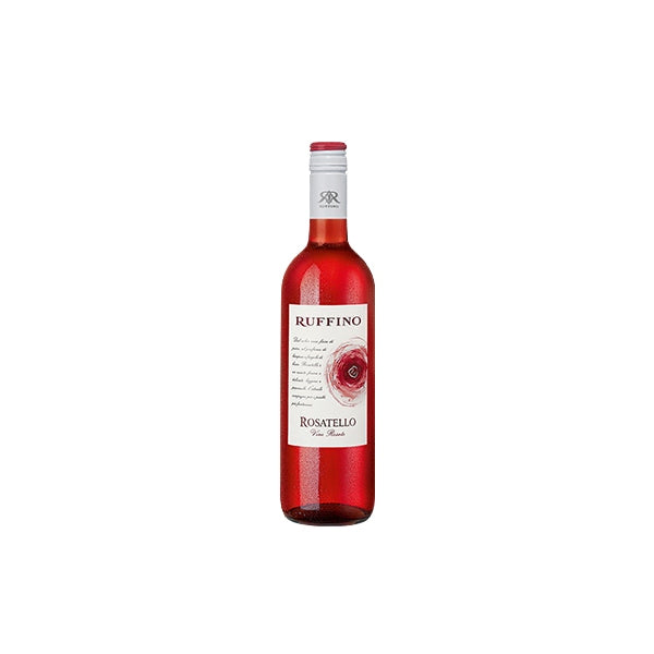 750ml Ruffino Rosatello wine bottle with ruby-red liquid, white label, and screw cap