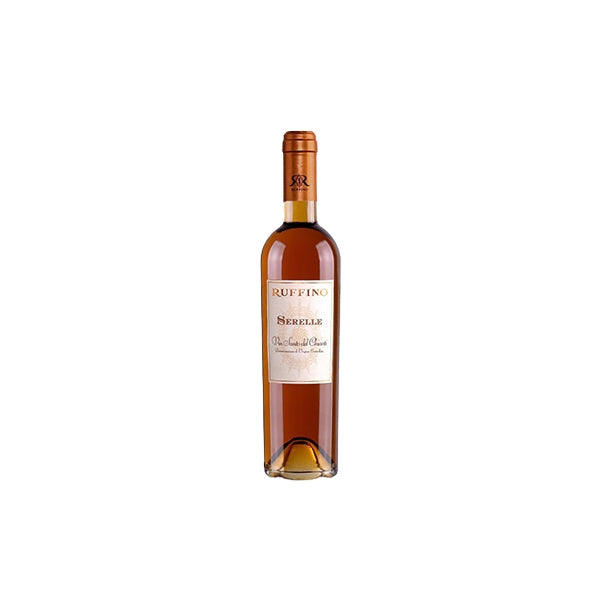 375ml Ruffino Vin Santo Serelle Del Chianti wine bottle with amber liquid, copper foil capsule, and cream label on white